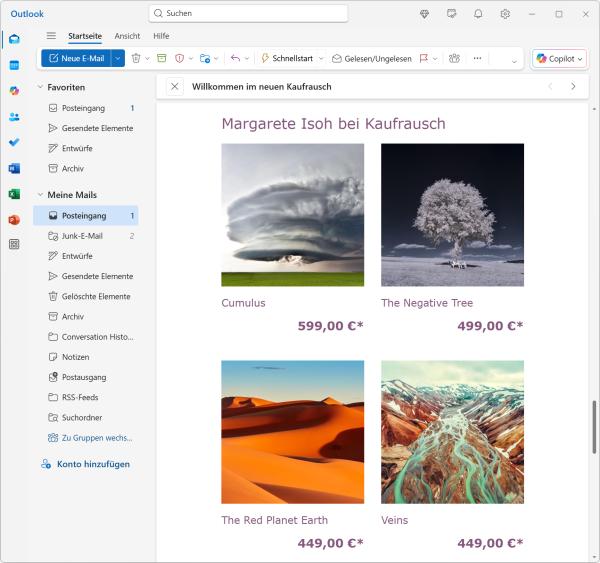 Bildschirmfoto von Outlook mit Newsletter der einen Shop Aufmacher zeugt.