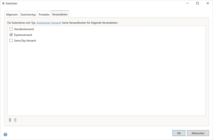 Bildschirmfoto Dialog Versandarten.