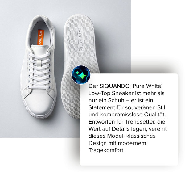 Weiße Sneaker mit schwebender KI-generierter Produktbeschreibung.