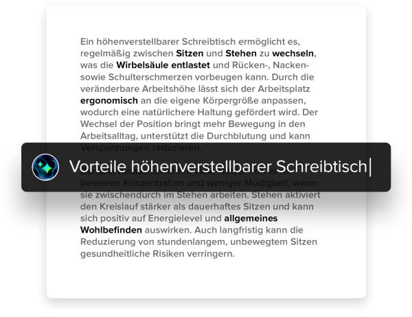 Bildschirmfoto Ausschnitt KI-generierter Textabsatz mit schwebendem Prompt.