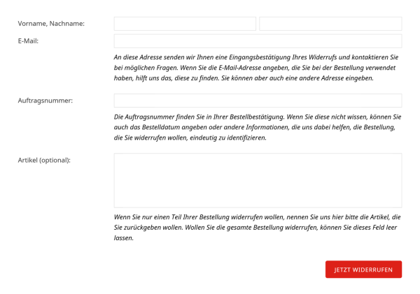 Bildschirmfoto Widerrufs-Formular.