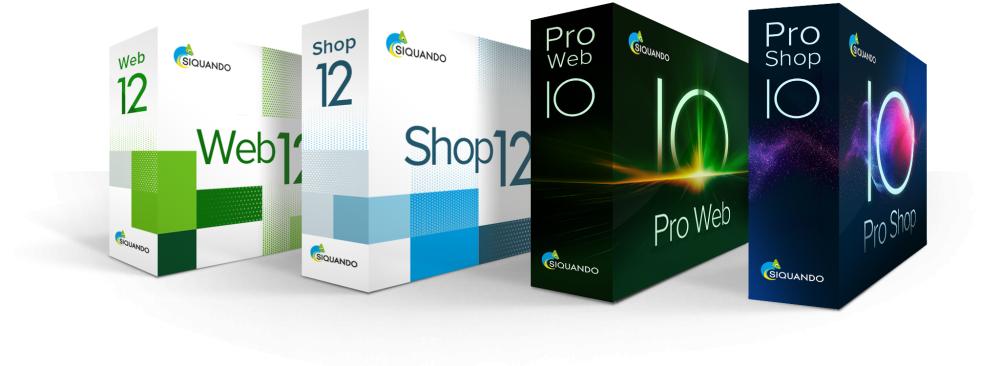 Collage von vier Produktschachteln für Web, Shop, Pro Web und Pro Shop.
