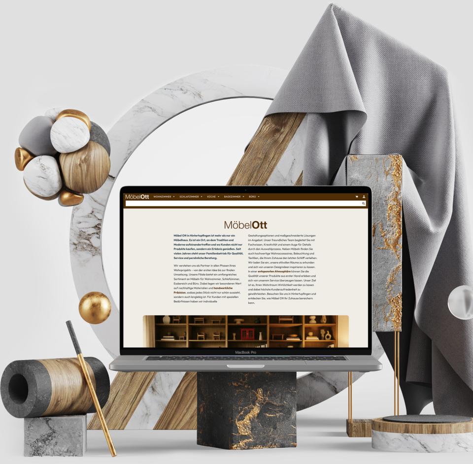 Collage aus Monitor mit Beispiel des neuen Designs Hello IV mit schwebender Suchleiste.