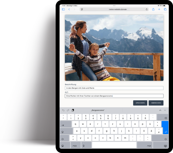 Tablet mit Bildschirmfoto eines Bildabsatzes der gerade im Browser editiert wird.