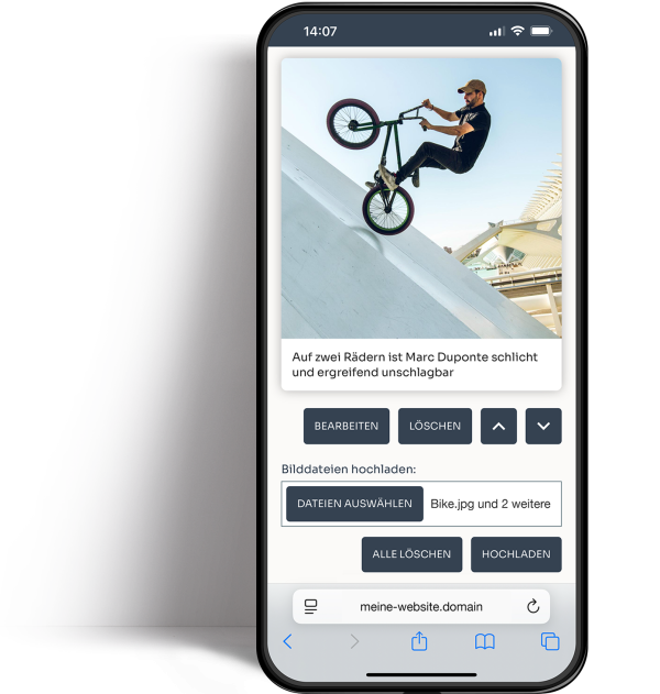Smartphone mit Bildschirmfoto eines Bilderstreckenabsatzes der gerade im Browser editiert wird.