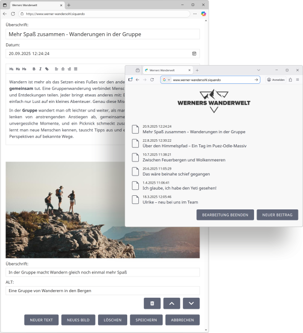 Collage aus Bildschirmfotos eins Blogs der gerade im Browser editiert wird.