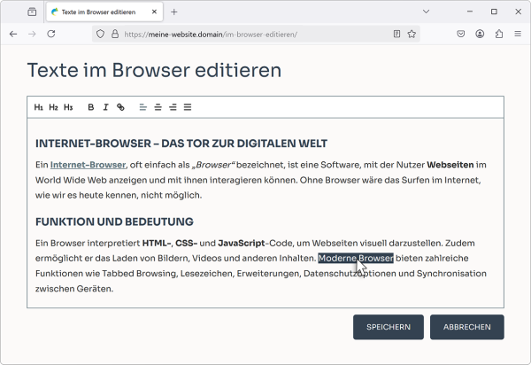 Bildschirmfoto eines Textabsatzes der gerade im Browser editiert wird.