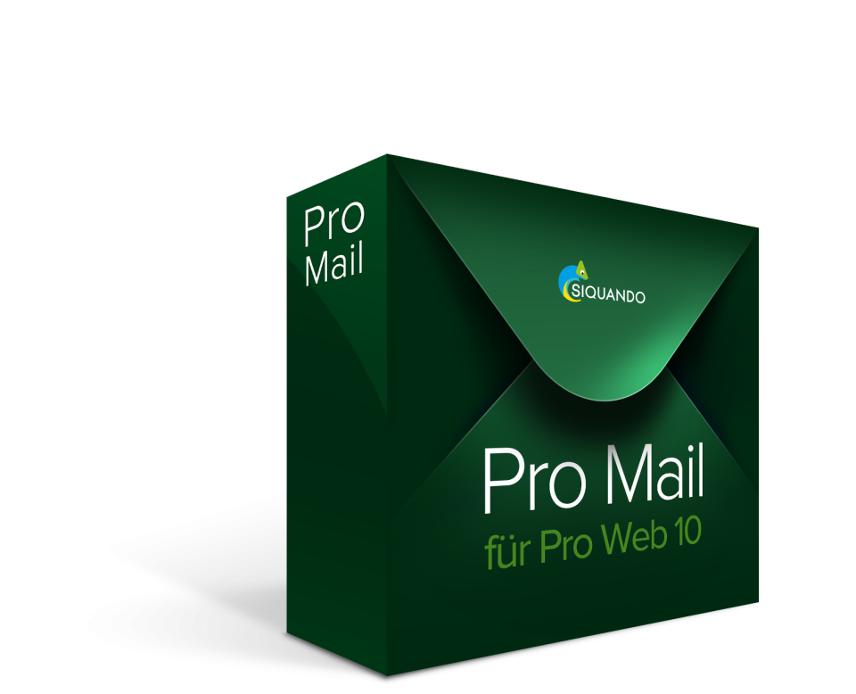 Schachtel Pro Mail für Pro Web auf fliegenden Briefumschlägen.