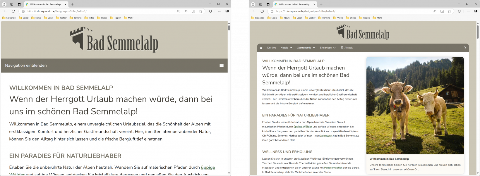 Zwei Bildschirmfotos von responsiven Designs.