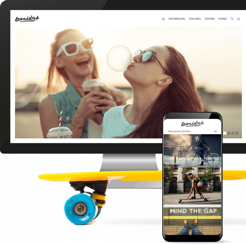 Collage Skateboard mit Monitor und Smartphone, welches das Design Leonidas zeigen.