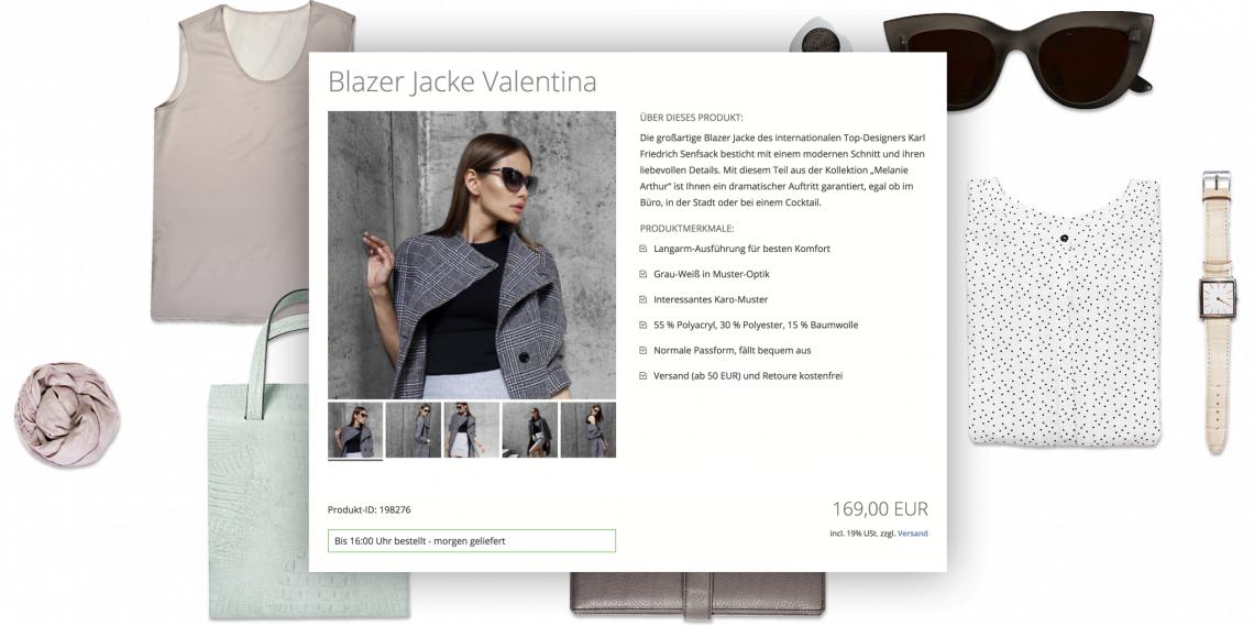 Über Textilien schwebendes Bildschirmfoto Produktseite Kaufbox.