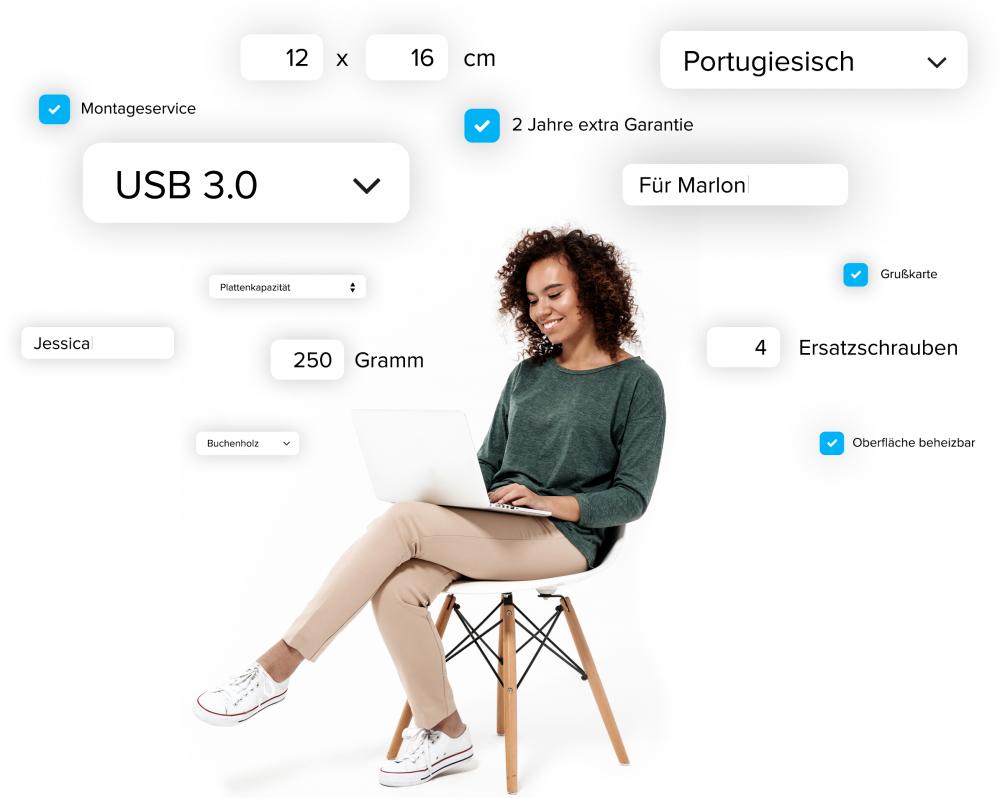 Frau auf Hocker arbeitet am Tablet, darüber schweben verschiedene Konfigurationselemente.