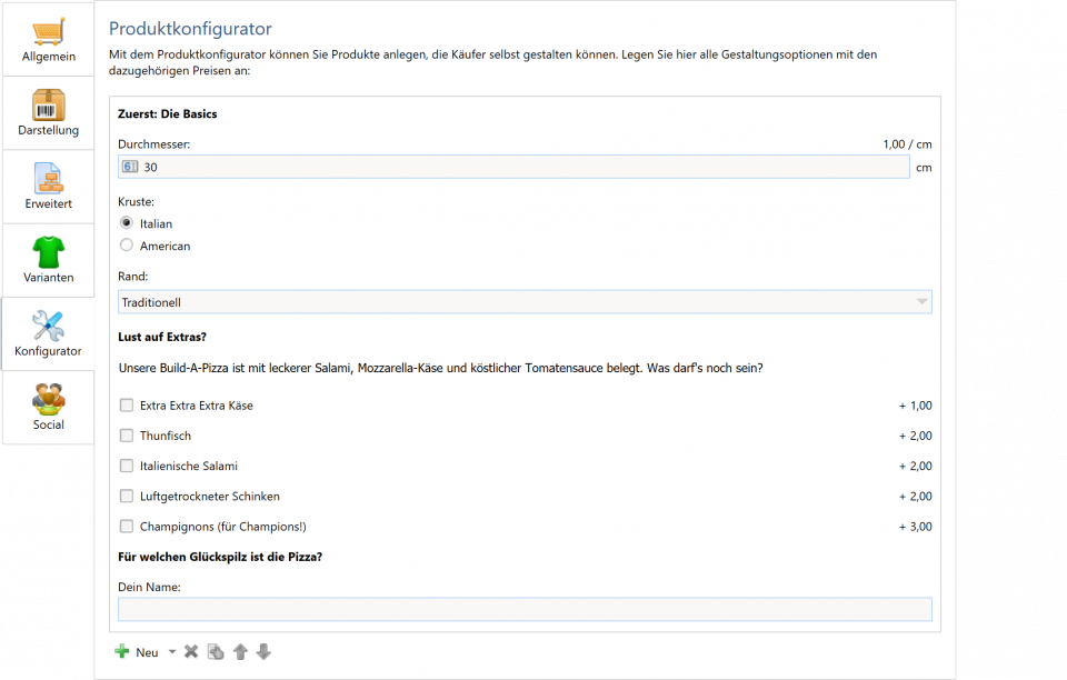 Bildschirmfoto Dialog Produktkonfigurator.