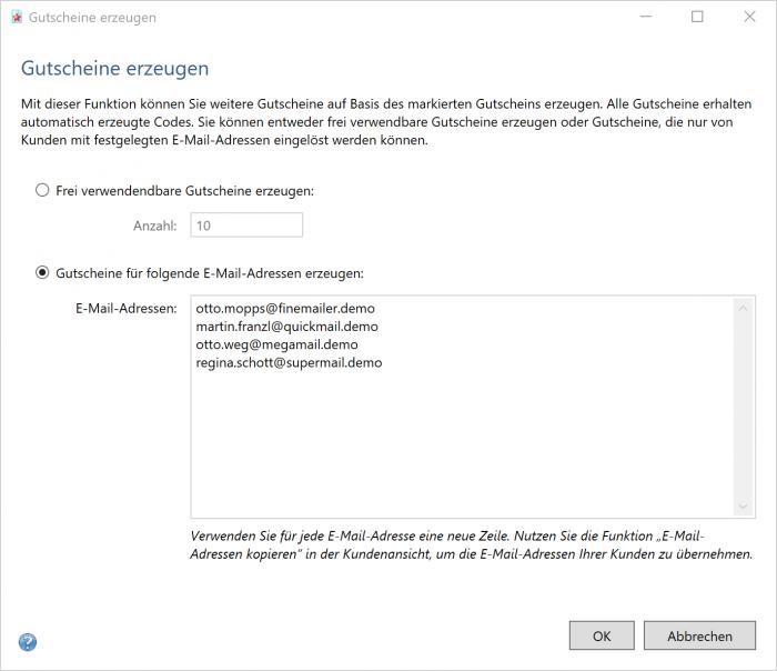 Bildschirmfoto Dialog Gutscheine erzeugen.